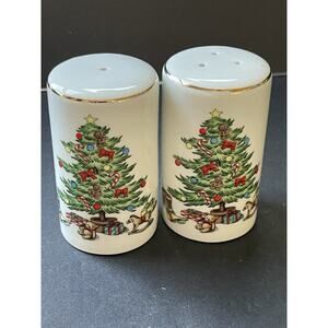 Vintage Holiday Hostess Christmas Gold Trim Salt Pepper Shakers Cottagecore